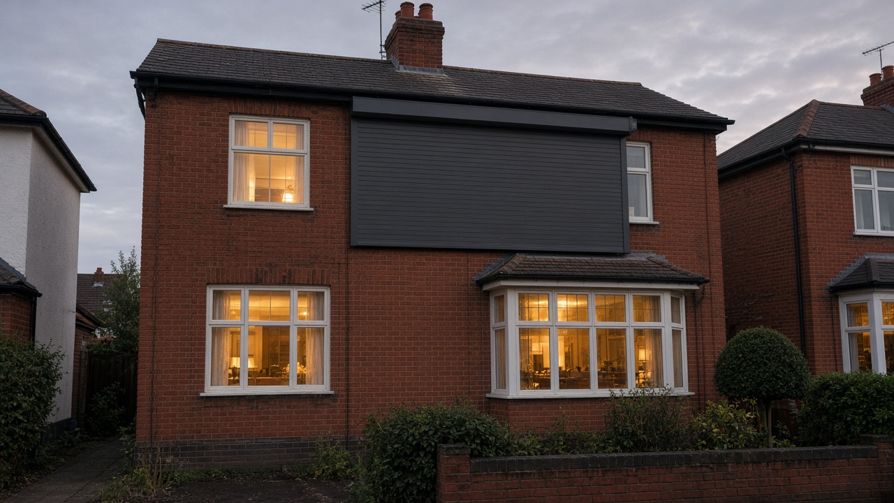 The motor end of a roller shutter box, an anthracite roller shutter stopped halfway, on a 1930s red-brick semi, dusk, with warm lights on inside. Wide view of the whole elevation.