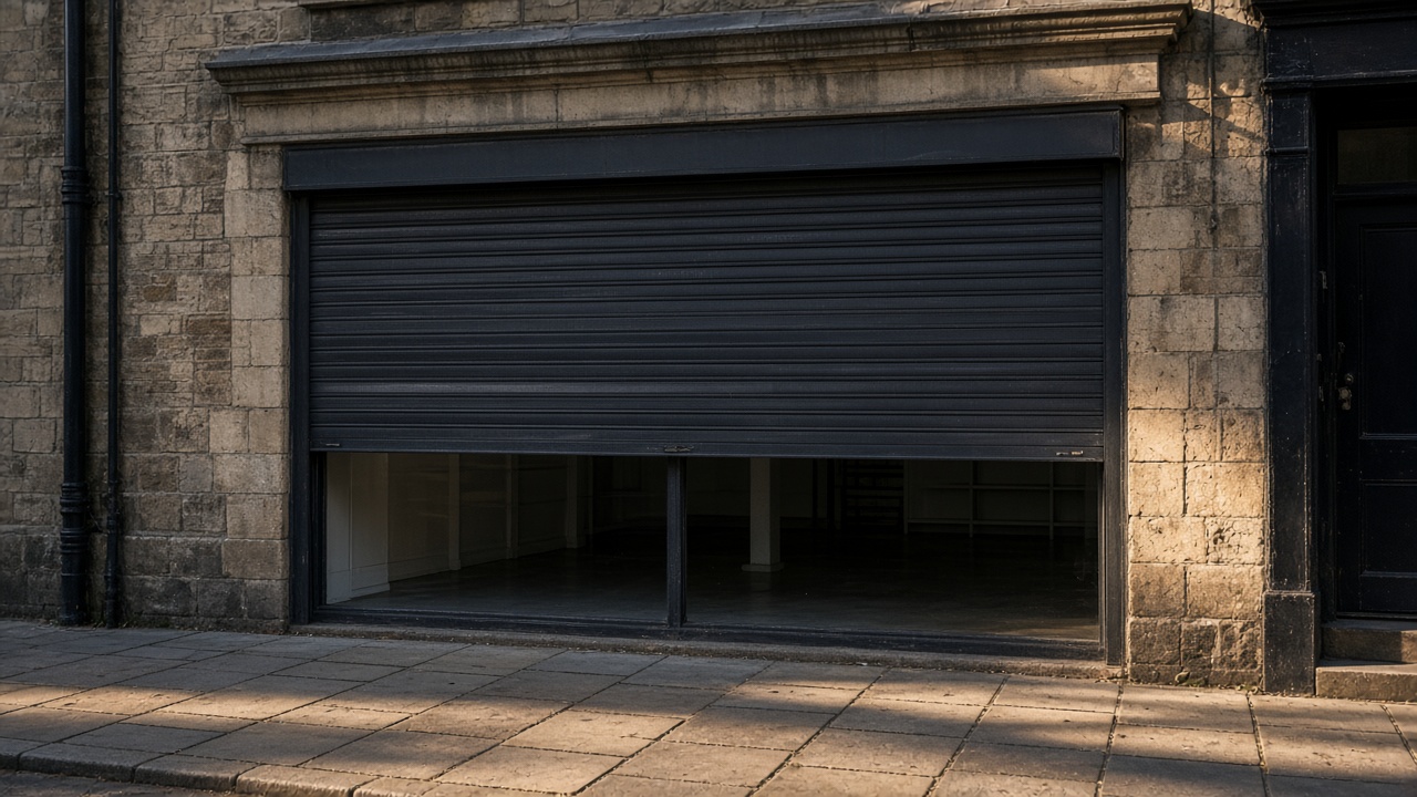 An anthracite roller shutter stopped halfway on a small high-street shopfront, late afternoon light and long shadows. Wide view of the whole elevation.