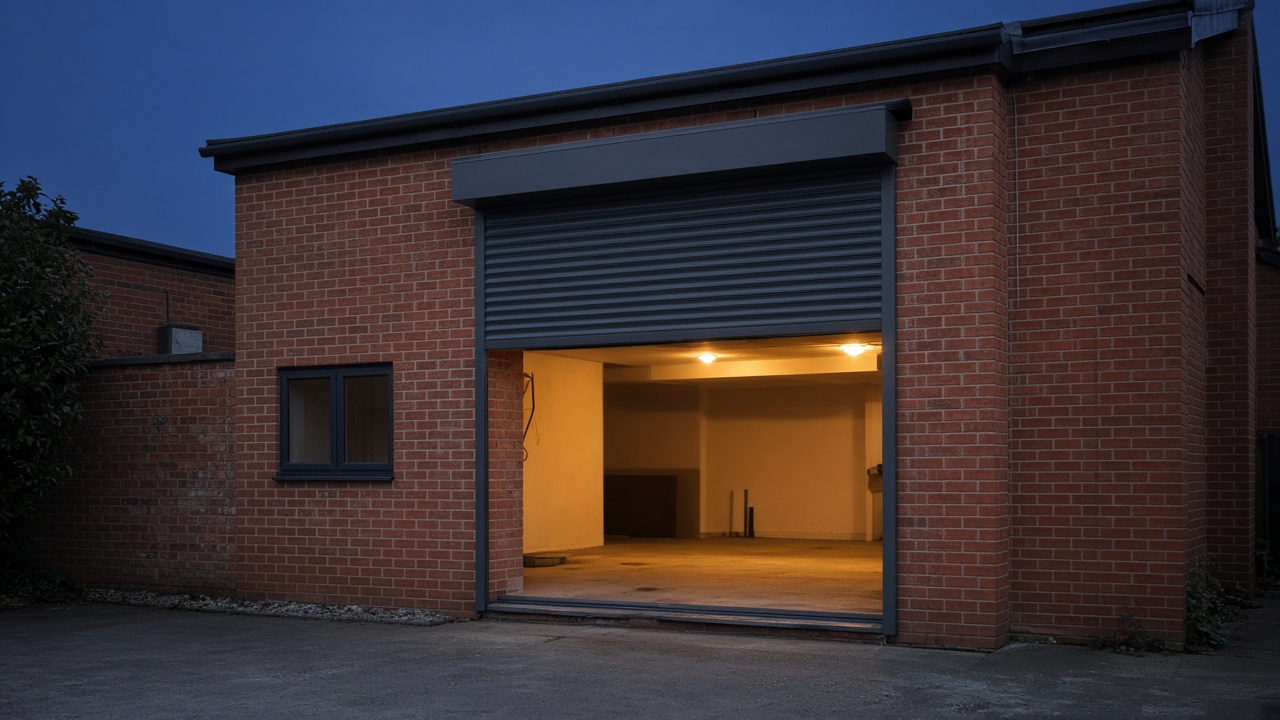 A dark grey roller shutter only a quarter down, with the box and side guides showing on a red-brick rear extension, dusk, with warm lights on inside. Wide view of the whole elevation.