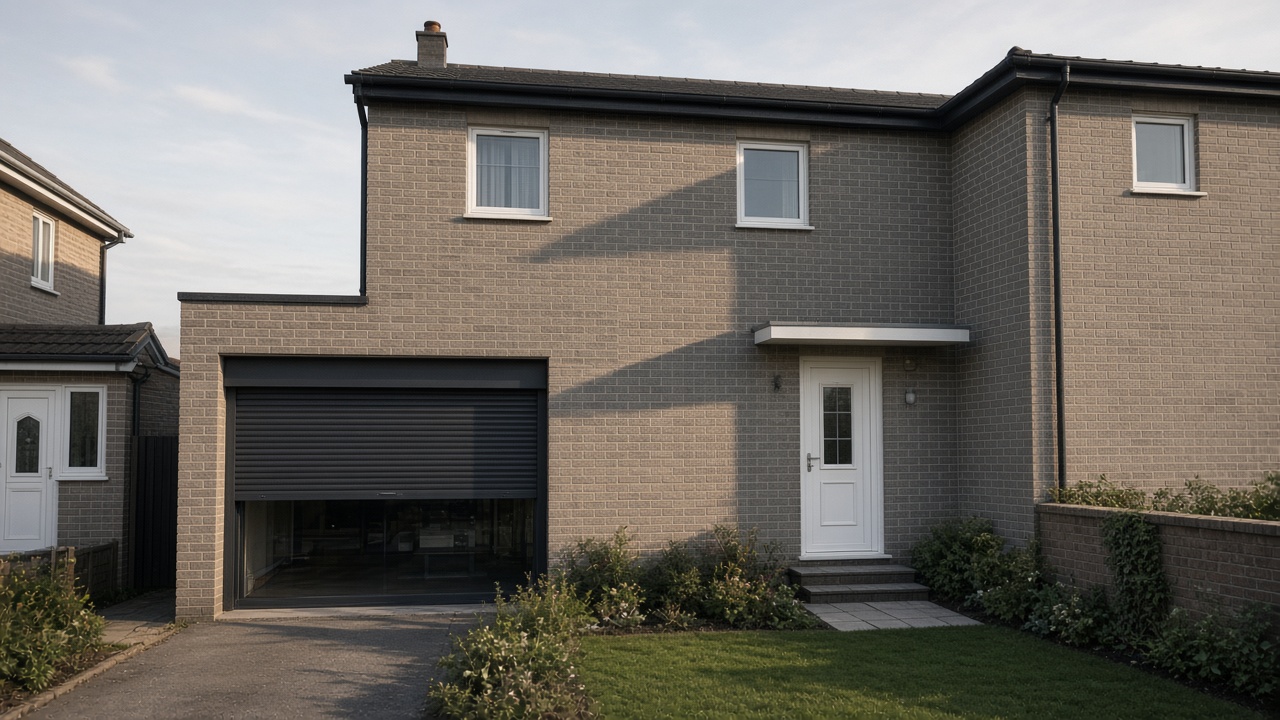 An anthracite roller shutter stopped halfway on a grey-brick semi, late afternoon light and long shadows. Wide view of the whole elevation.