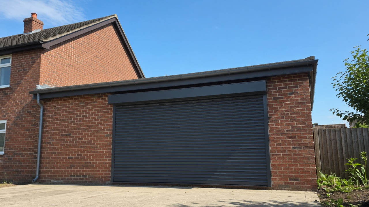 An anthracite roller shutter fully lowered on a red-brick rear extension, hard summer sun and a clear sky. Wide view of the whole elevation.
