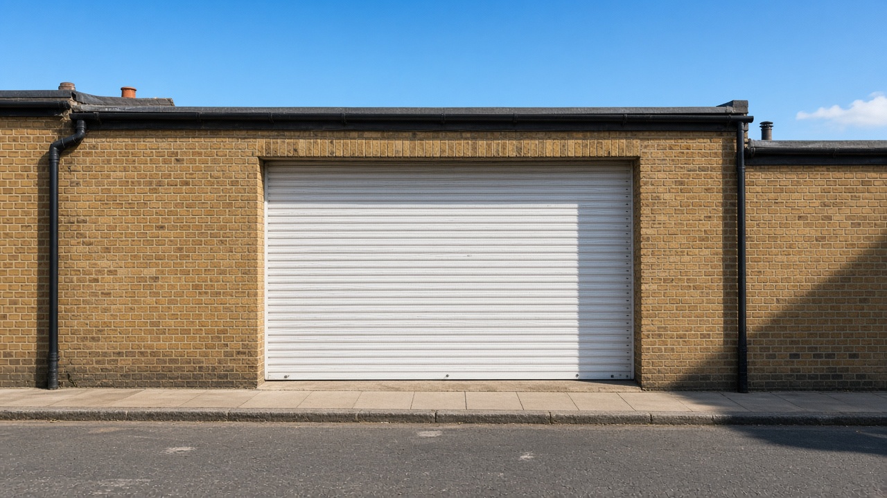 A white roller shutter fully lowered on a yellow London stock brick terrace, hard summer sun and a clear sky. Wide view of the whole elevation.
