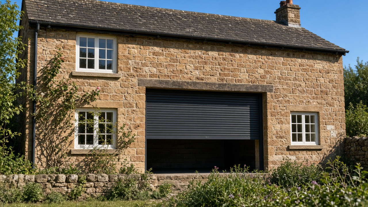An anthracite roller shutter stopped halfway on a sandstone cottage, hard summer sun and a clear sky. Wide view of the whole elevation.