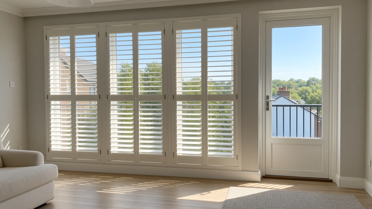 White wooden plantation shutters, louvres open, inside a flat with a glazed balcony door, hard summer sun and a clear sky. Wide view of the whole elevation.