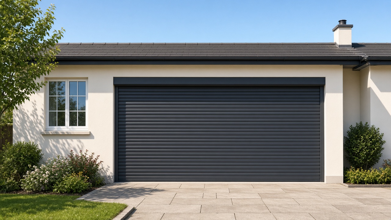 An anthracite roller shutter fully lowered on a cream bungalow, hard summer sun and a clear sky. Wide view of the whole elevation.