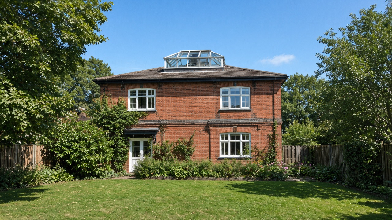 A glass roof lantern on a 1930s red-brick semi, seen from the garden, with no roller shutter on the roof, hard summer sun and a clear sky. Wide view of the whole elevation.