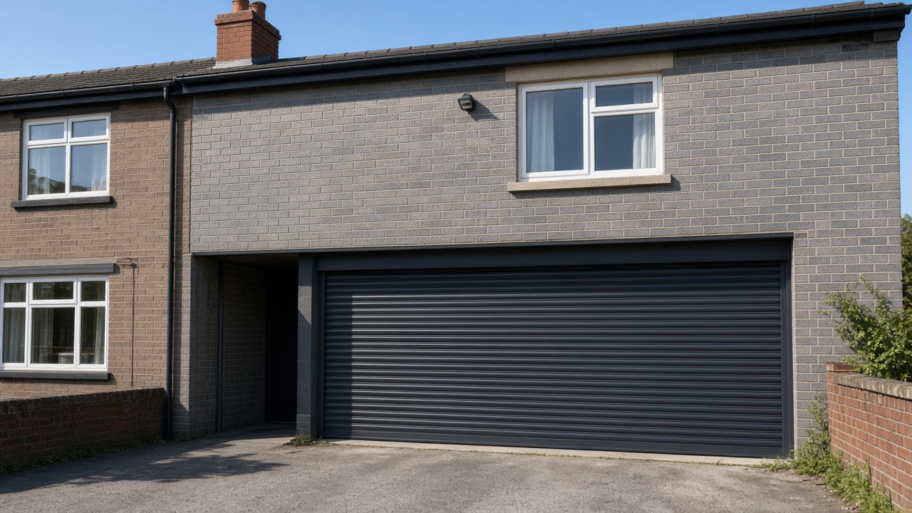An anthracite roller shutter fully lowered on a grey-brick semi, hard summer sun and a clear sky. Wide view of the whole elevation.