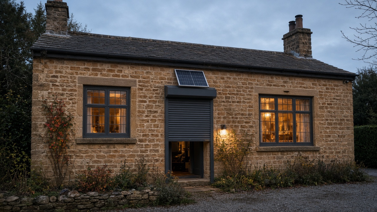 A small solar panel on the front of an anthracite roller shutter box, an anthracite roller shutter stopped halfway, on a sandstone cottage, dusk, with warm lights on inside. Wide view of the whole elevation.