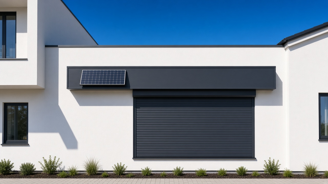 A small solar panel on the front of an anthracite roller shutter box, an anthracite roller shutter fully lowered, on a white rendered new-build, hard summer sun and a clear sky. Wide view of the whole elevation.