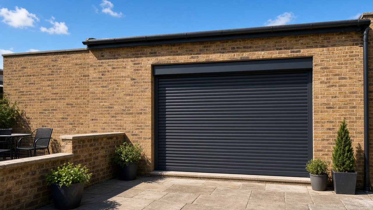 An anthracite roller shutter fully lowered on a yellow London stock brick terrace, hard summer sun and a clear sky. Wide view of the whole elevation.