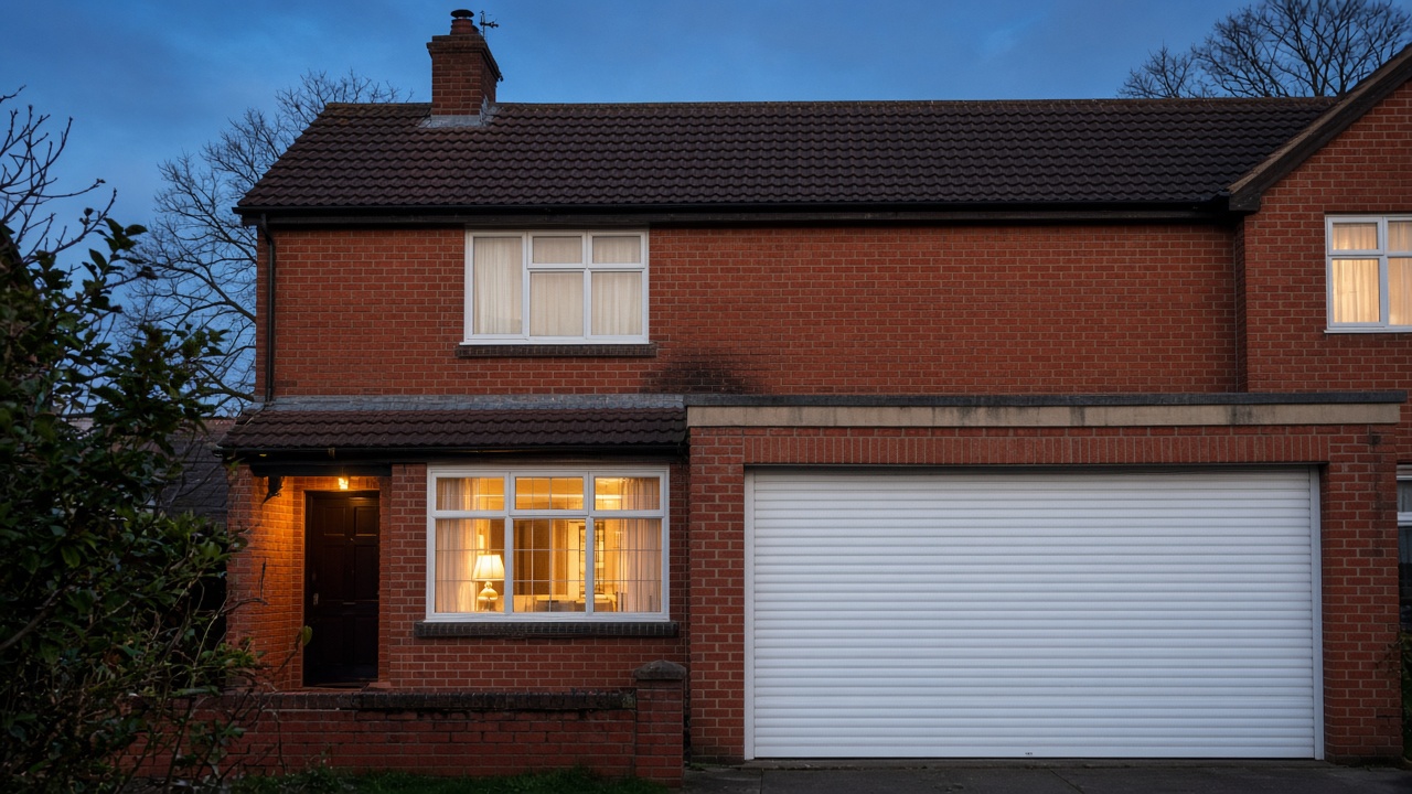 A white roller shutter fully lowered on a 1930s red-brick semi, dusk, with warm lights on inside. Wide view of the whole elevation.