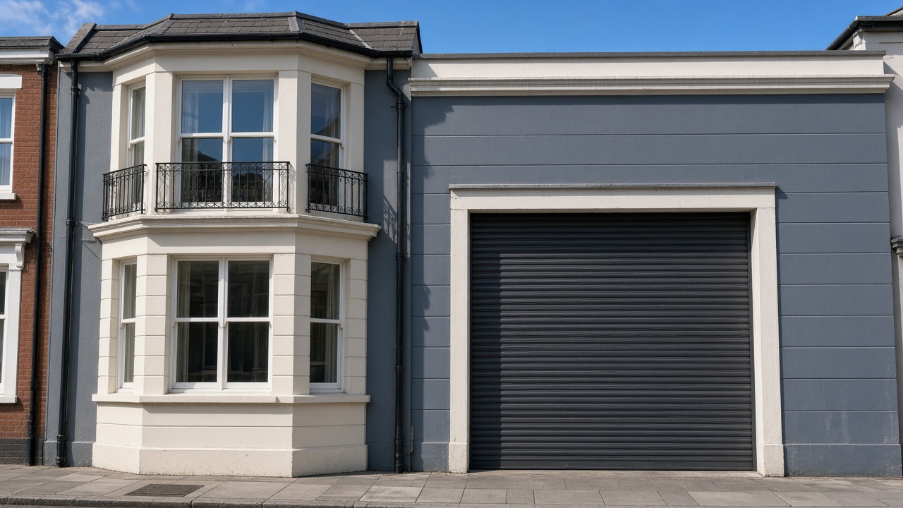 An anthracite roller shutter fully lowered on a painted townhouse with a bay, hard summer sun and a clear sky. Wide view of the whole elevation.