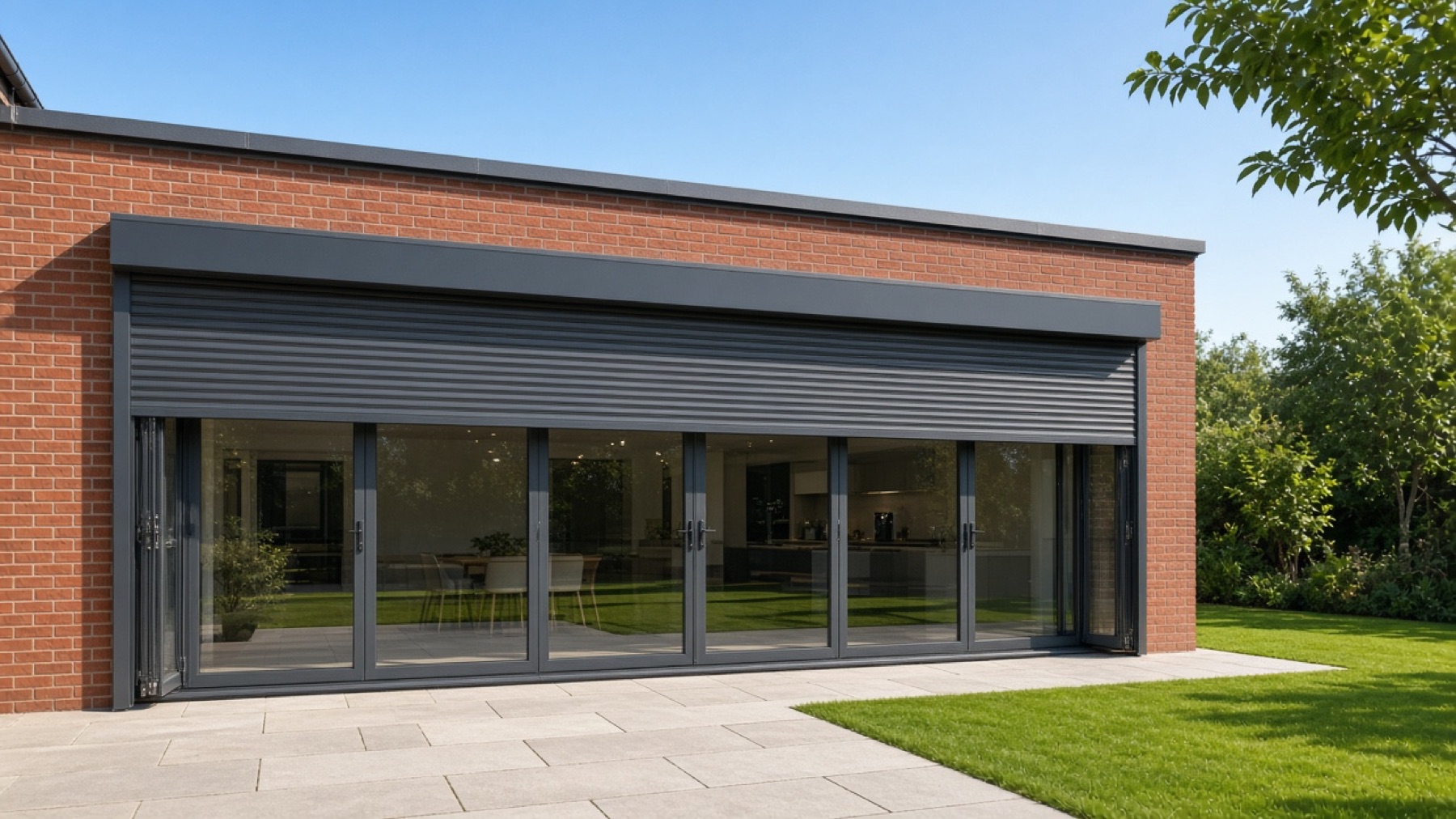 Anthracite roller shutters half down over bifold doors on a British brick extension