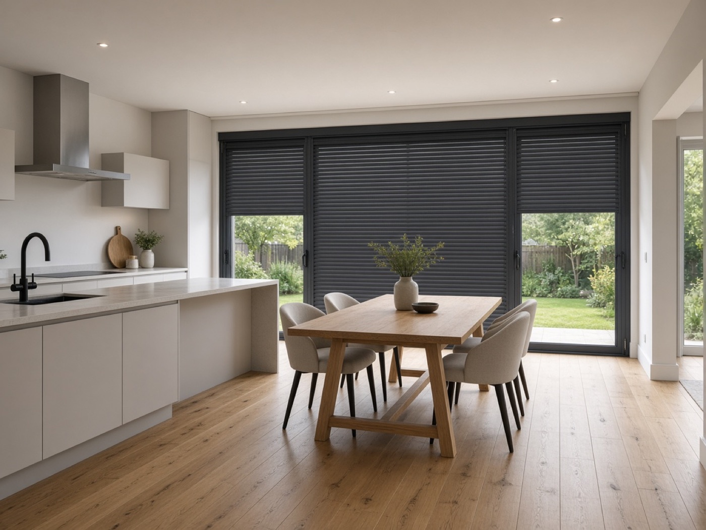 A kitchen extension with external shutters lowered over the glass wall