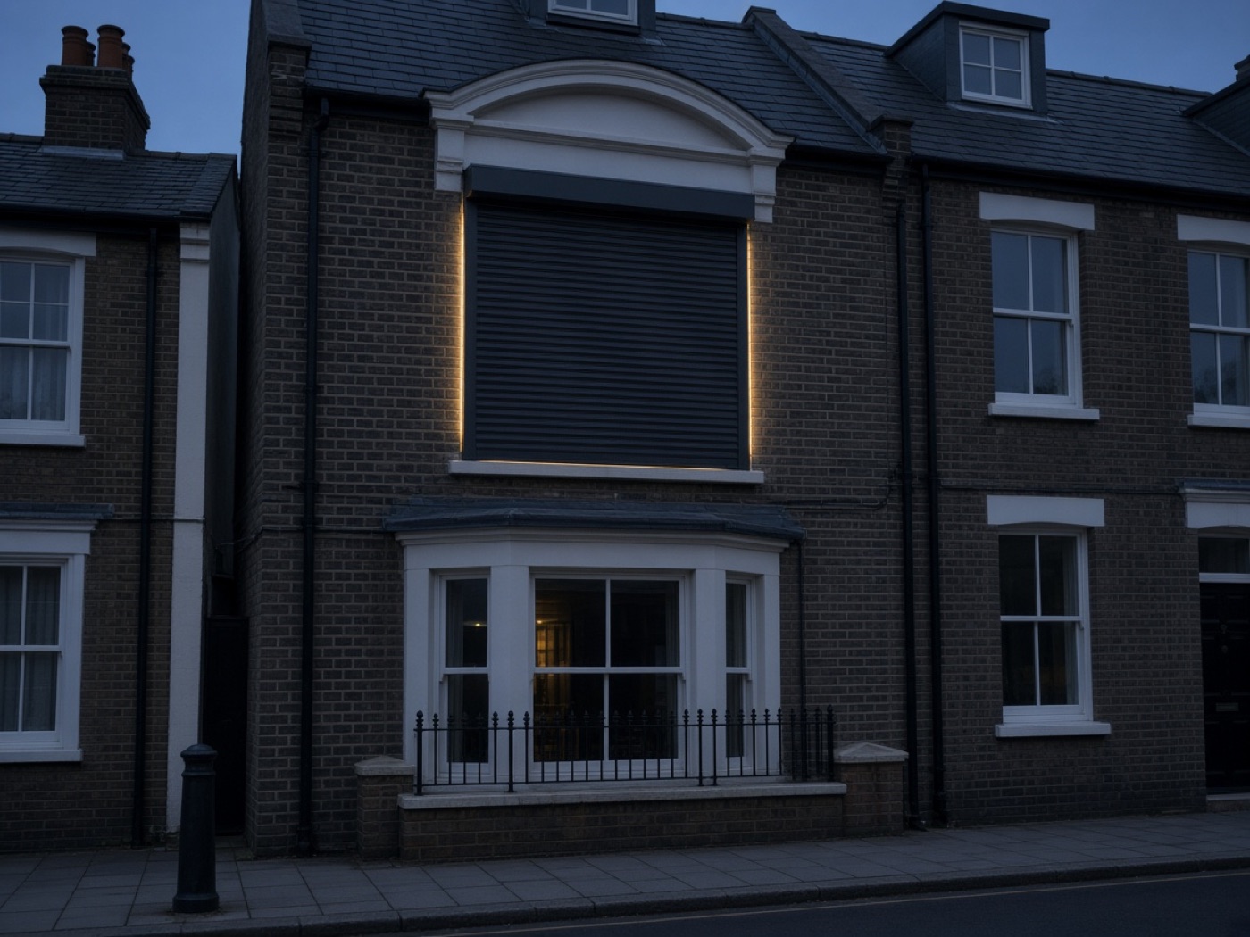 A closed roller shutter on a British terrace bedroom at dusk