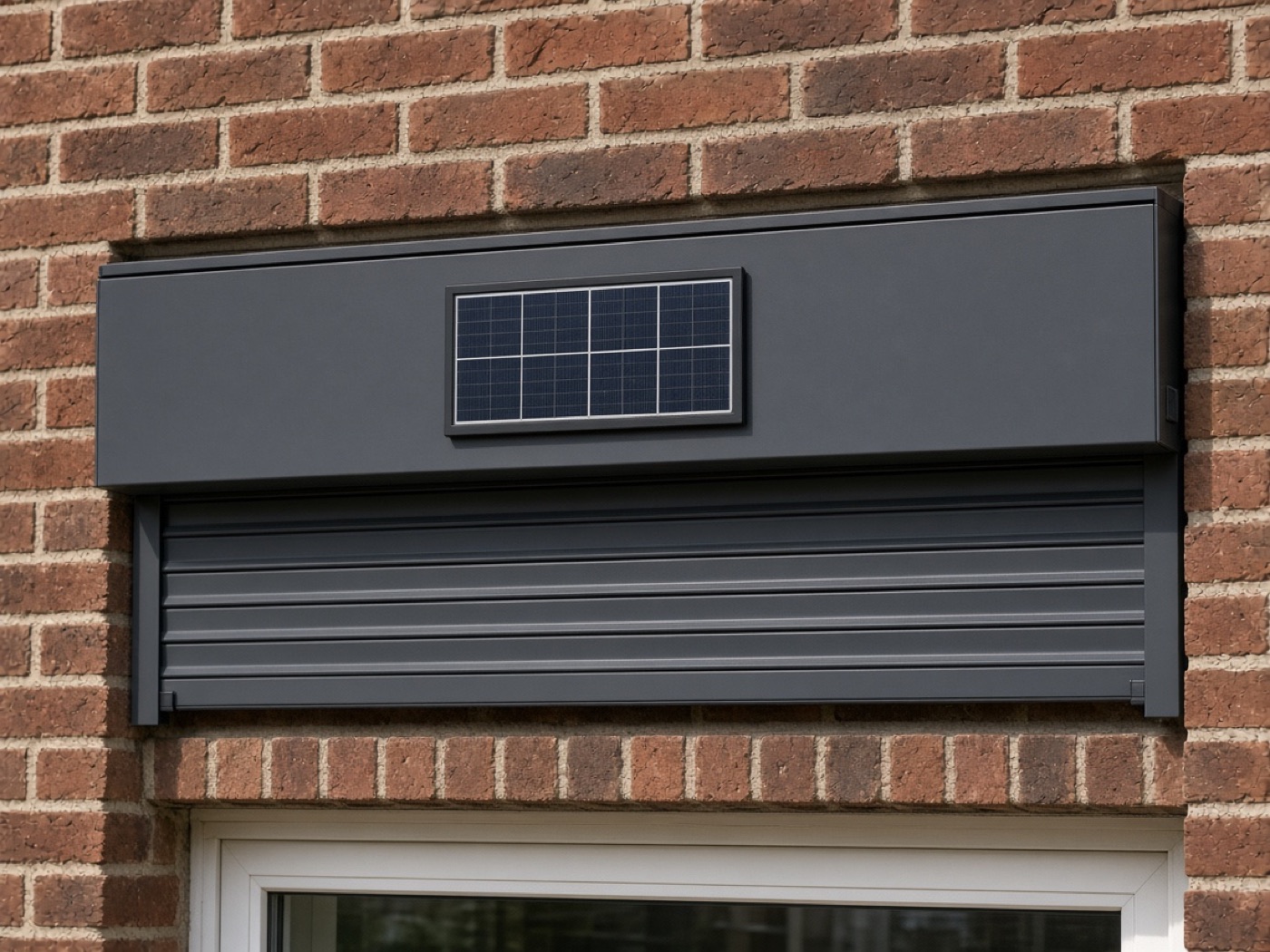 A small solar panel on the front of an anthracite roller shutter box